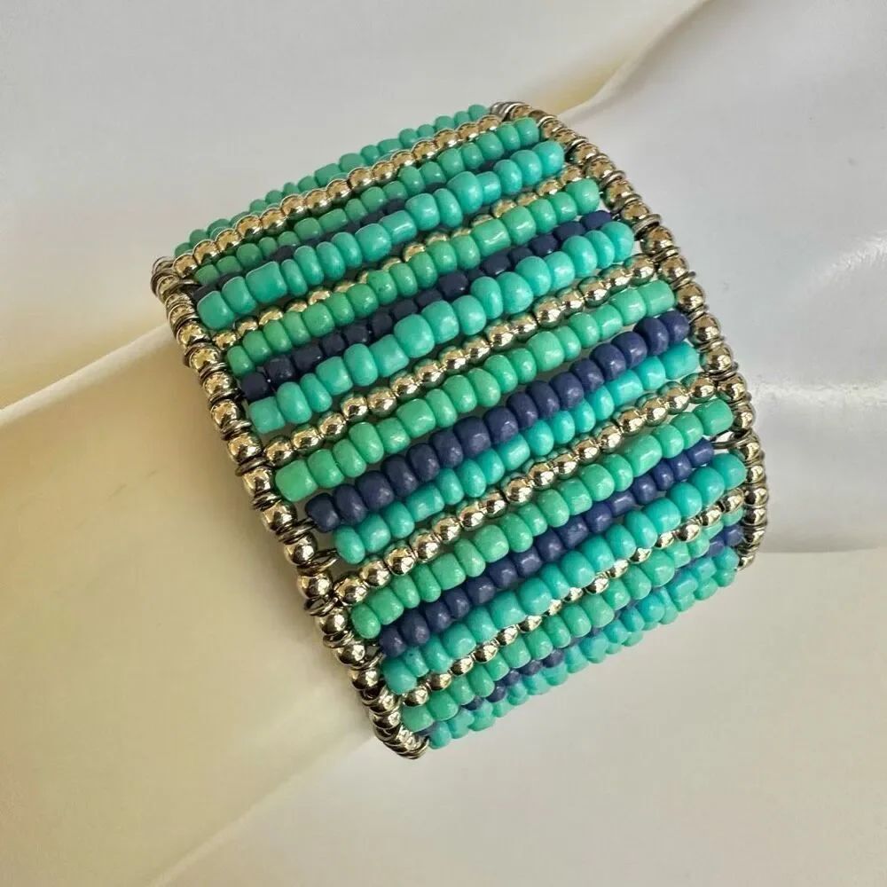 Blue beaded tassel open cuff bracelet
